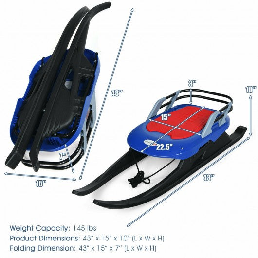 Folding Kids Metal Snow Sled with Pull Rope Snow Slider and Leather Seat