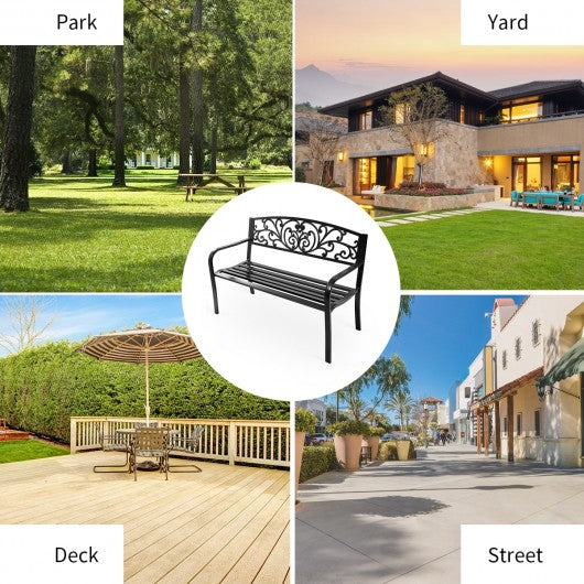 50" Patio Park Steel Frame Cast Iron Backrest Bench Porch Chair