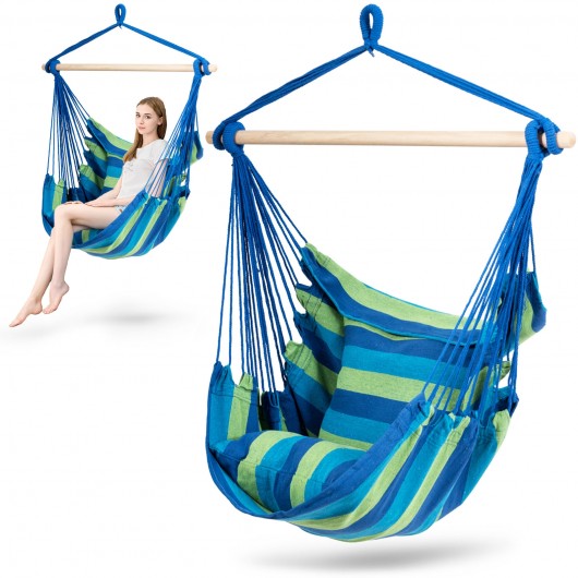 4 Color Deluxe Hammock Rope Chair Porch Yard Tree Hanging Air Swing Outdoor-Blue and Green
