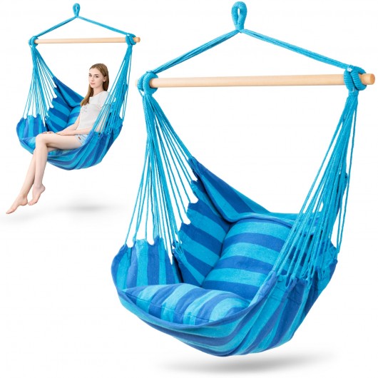 4 Color Deluxe Hammock Rope Chair Porch Yard Tree Hanging Air Swing Outdoor-Blue
