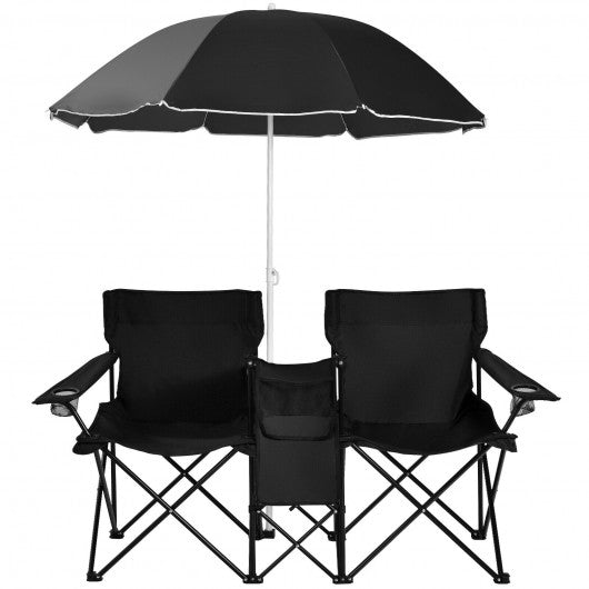 Portable Folding Picnic Double Chair With Umbrella-Black
