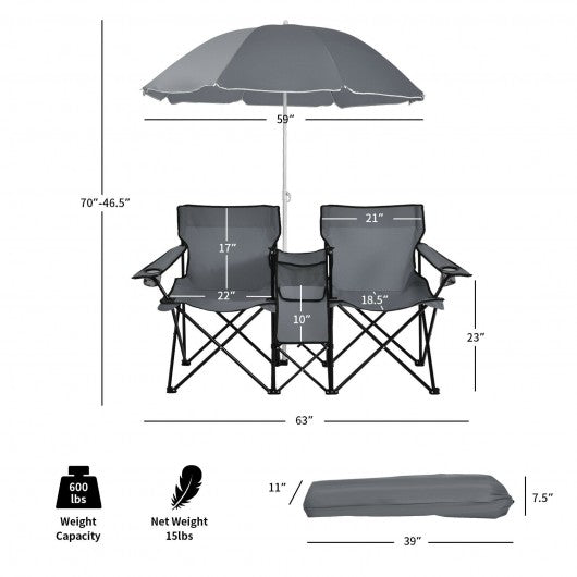 Portable Folding Picnic Double Chair With Umbrella-Gray