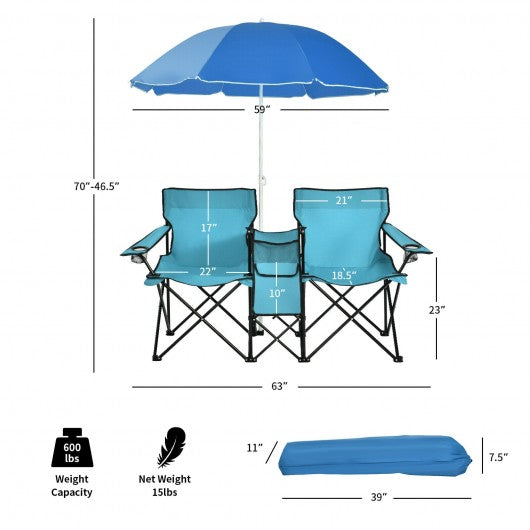 Portable Folding Picnic Double Chair With Umbrella-Turquoise