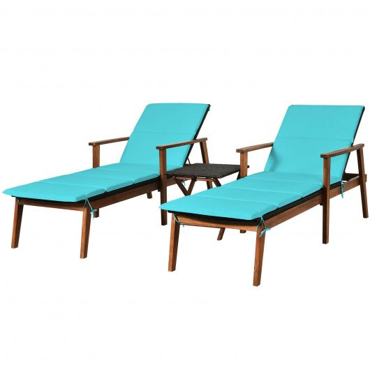 3 Pieces Protable Patio Cushioned Rattan Lounge Chair Set with Folding Table-Turquoise