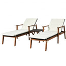 3 Pieces Protable Patio Cushioned Rattan Lounge Chair Set with Folding Table-White