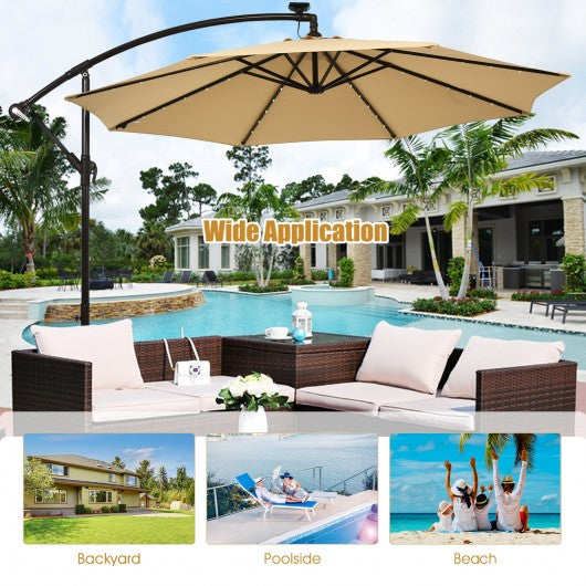 10 Ft Solar LED Offset Umbrella with 40 Lights and Cross Base for Patio-Beige