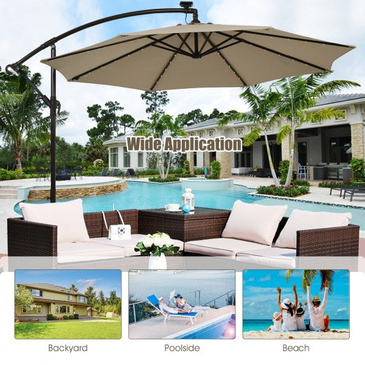 10 Ft Solar LED Offset Umbrella with 40 Lights and Cross Base for Patio-Tan