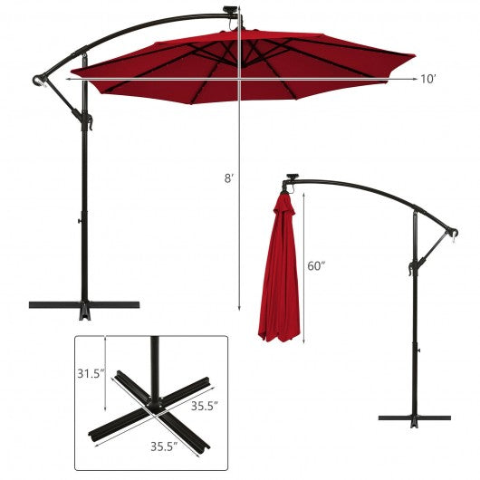 10 Ft Solar LED Offset Umbrella with 40 Lights and Cross Base for Patio-Wine