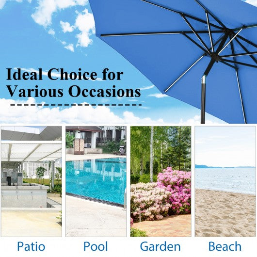 9Ft Solar LED Market Umbrella with Aluminum Crank Tilt 16 Strip Lights-Blue