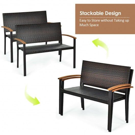 Outdoor Patio Rattan Wicker Bench with Armrest for Garden