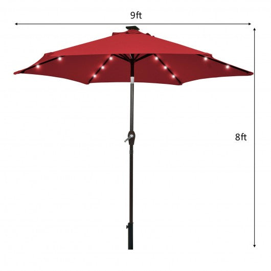 9' Solar LED Lighted Patio Market Umbrella Tilt Adjustment Crank Lift -Burgundy