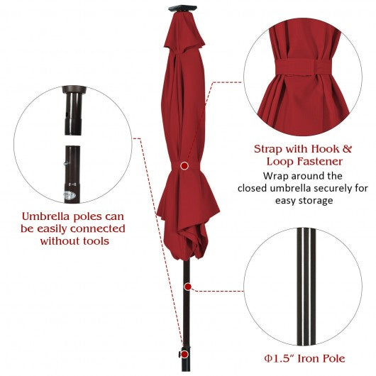 9' Solar LED Lighted Patio Market Umbrella Tilt Adjustment Crank Lift -Burgundy