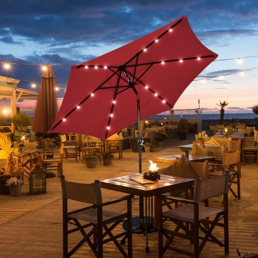 9' Solar LED Lighted Patio Market Umbrella Tilt Adjustment Crank Lift -Burgundy
