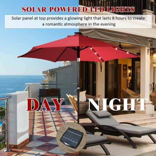 9' Solar LED Lighted Patio Market Umbrella Tilt Adjustment Crank Lift -Burgundy