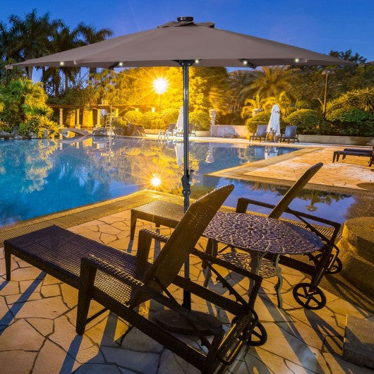 9FT Patio Solar Umbrella LED Patio Market Steel Tilt W- Crank Outdoor New-Tan