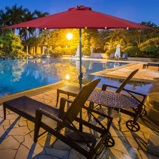 9FT Patio Solar Umbrella LED Patio Market Steel Tilt W- Crank Outdoor New-Burgundy