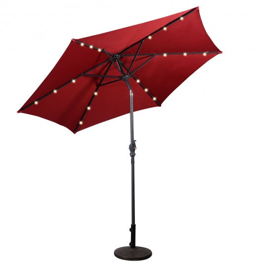 9FT Patio Solar Umbrella LED Patio Market Steel Tilt W- Crank Outdoor New-Burgundy