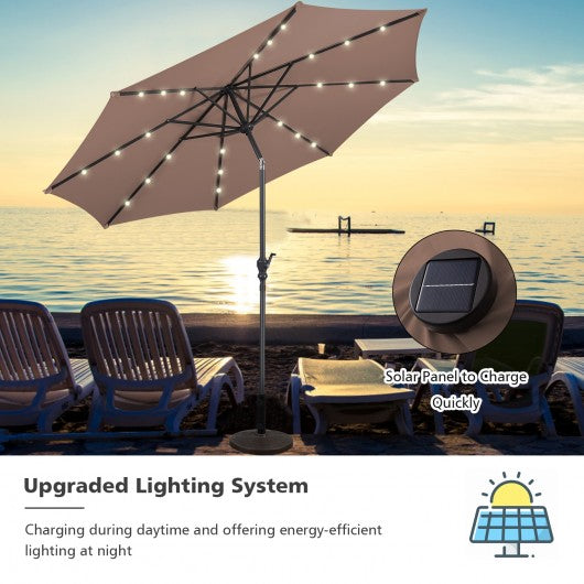10FT Patio Solar Umbrella LED Patio Market Steel Tilt W- Crank Outdoor New-Tan