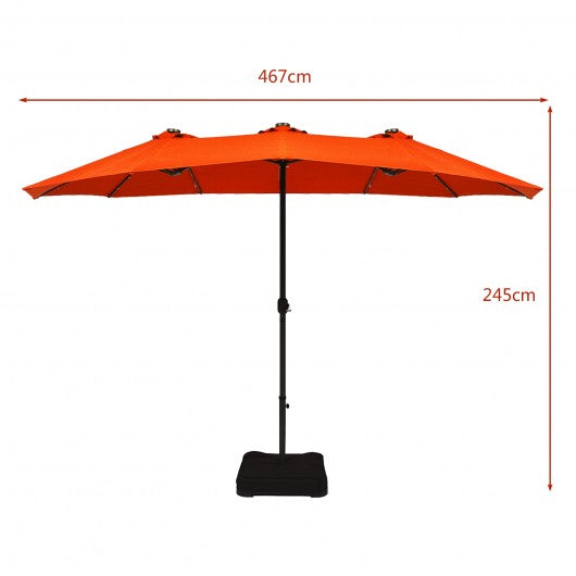15 Ft Solar LED Patio Double-sided Umbrella Market Umbrella with Weight Base-Orange