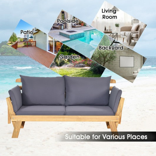 Patio Convertible Solid Wood Sofa with Cushion