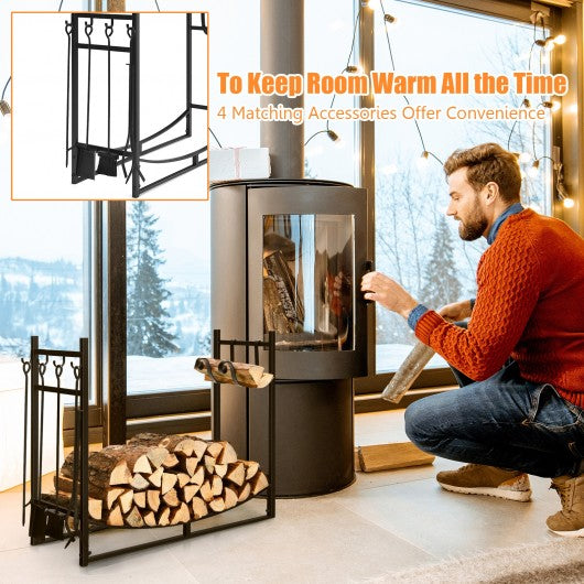 36 Inch Fireplace Log Holder with Kindling Holders and Shovel