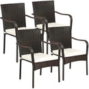 Set of 4 Patio Rattan Stackable Dining Chair with Cushioned Armrest for Garden