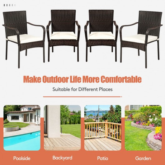 Set of 4 Patio Rattan Stackable Dining Chair with Cushioned Armrest for Garden