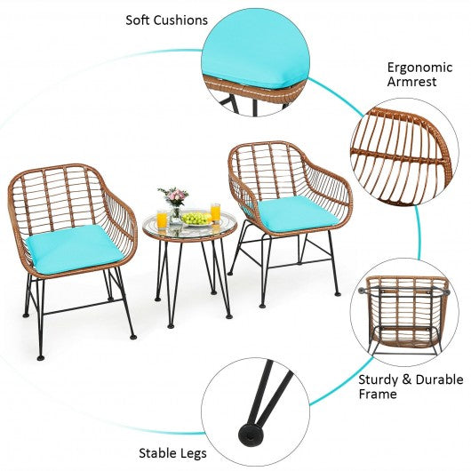 3 Pcs Patio Rattan Bistro Set with Cushion-Turquoise