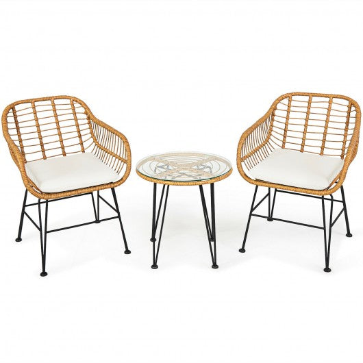 3 Pieces Rattan Furniture Set with Cushioned Chair Table-White