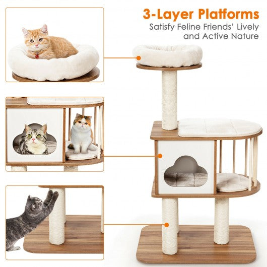 46" Wooden Cat Activity Tree with Platform and Cushions-Brown