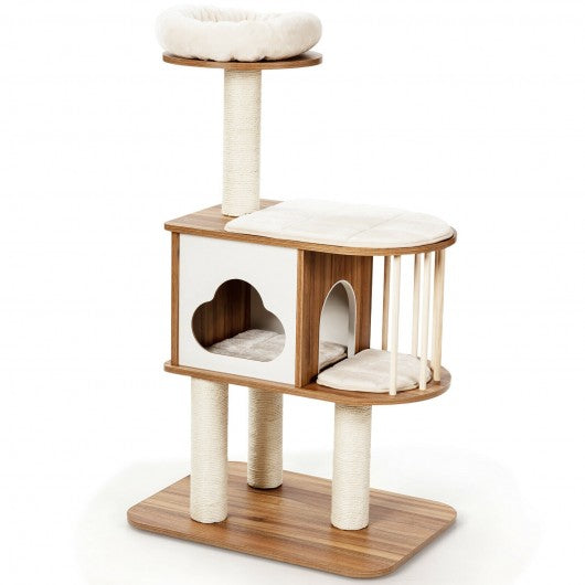 46" Wooden Cat Activity Tree with Platform and Cushions-Brown
