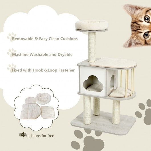 46 Inch Wooden Cat Activity Tree with Platform and Cushionsfor for Cats and Kittens