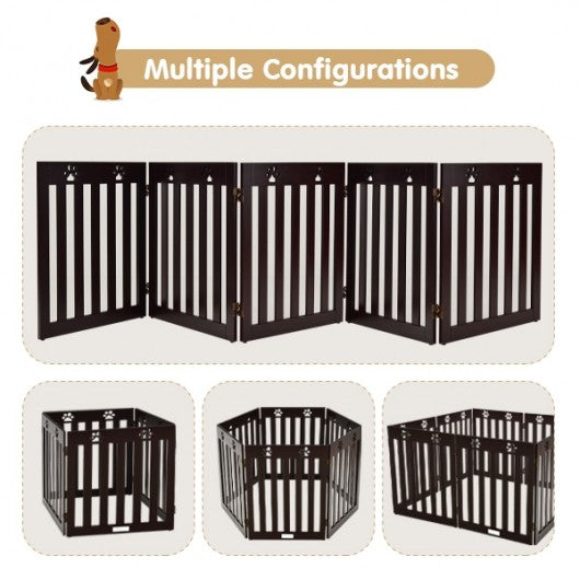 24" Folding Wooden Freestanding Dog Gate with 360° Flexible Hinge for Pet-Espresso