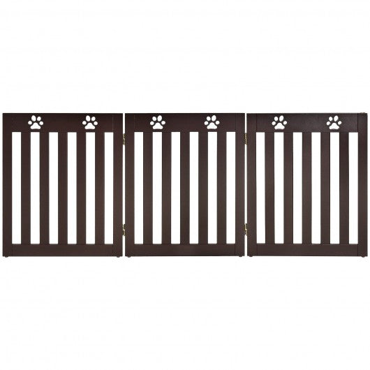 24" Folding Wooden Freestanding Dog Gate with 360° Flexible Hinge for Pet-Espresso