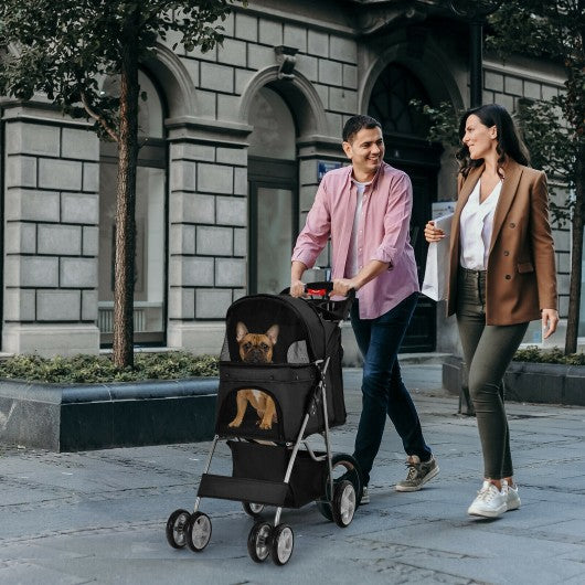 Foldable 4-Wheel Pet Stroller with Storage Basket-Black