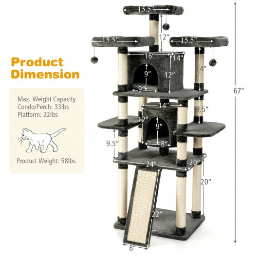 67" Multi-Level Cat Tree with Cozy Perches Kittens Play House-Dark Gray
