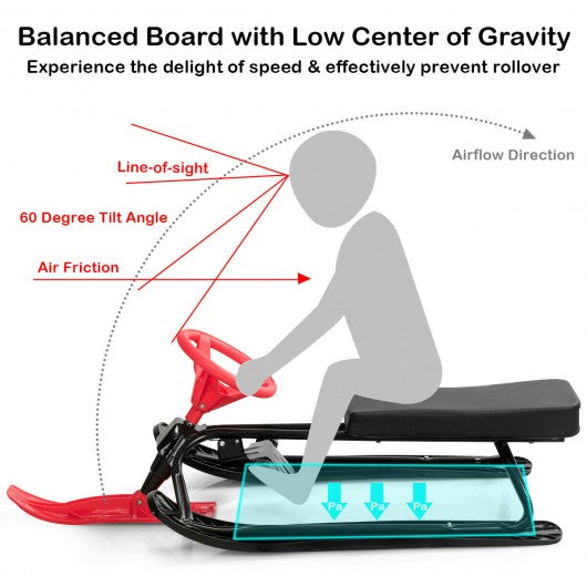Kids Snow Sand Grass Sled w- Steering Wheel and Brakes-Red