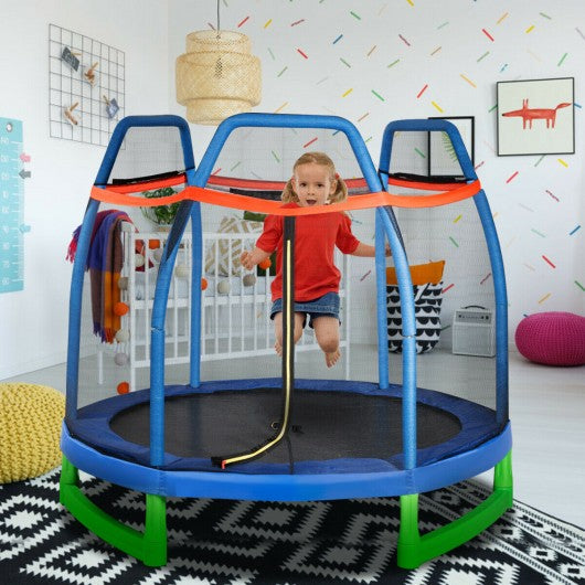 7 Ft Kids Trampoline W- Safety Enclosure Net-Blue