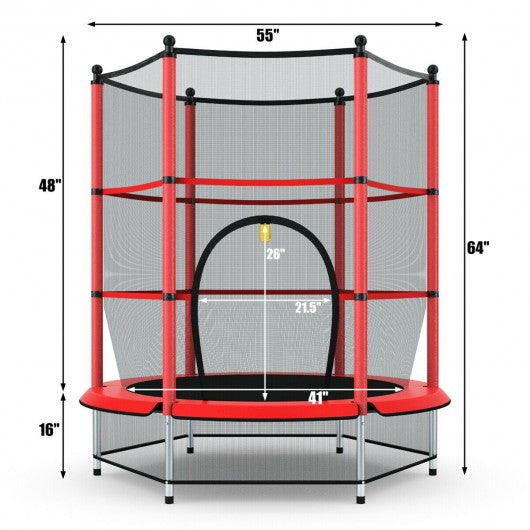 55" Youth Jumping Round Trampoline with Safety Pad Enclosure-Red