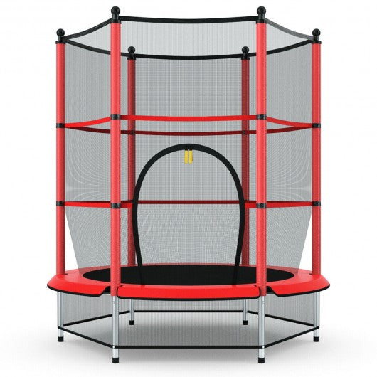 55" Youth Jumping Round Trampoline with Safety Pad Enclosure-Red