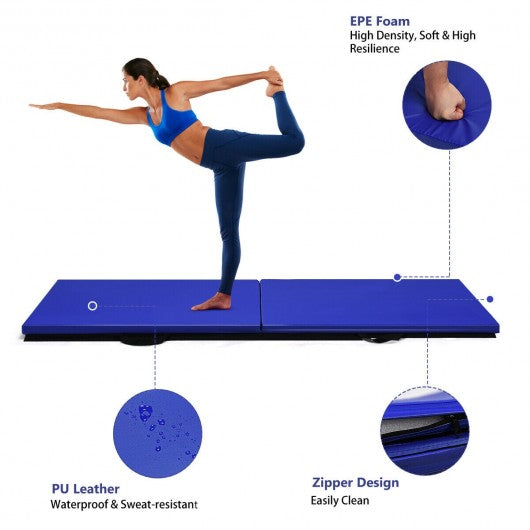 6 x 2 Feet Folding Exercise Aerobics Stretch Yoga Mat with Handle-Blue