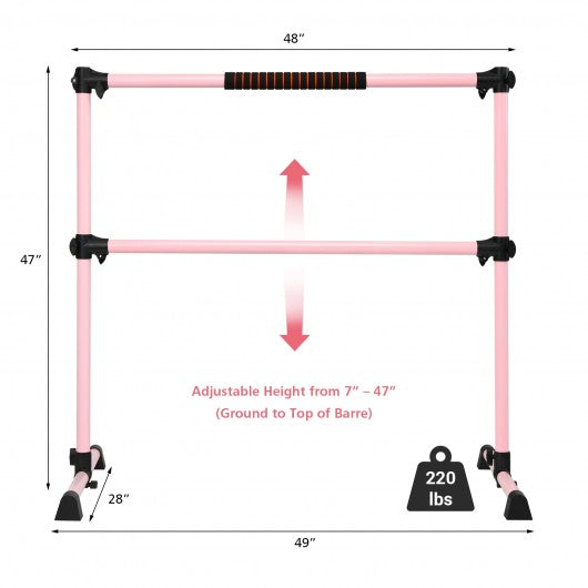 4 Ft Portable Freestanding Stable Construction Pilates Ballet Barre with Double Dance Bar-Pink