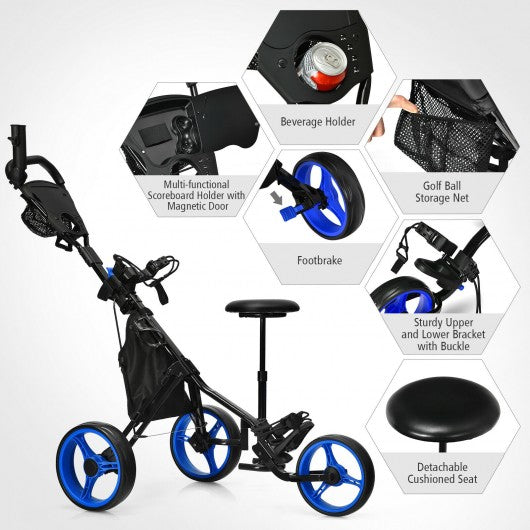 3 Wheels Folding Golf Push Cart with Seat Scoreboard and Adjustable Handle-Blue