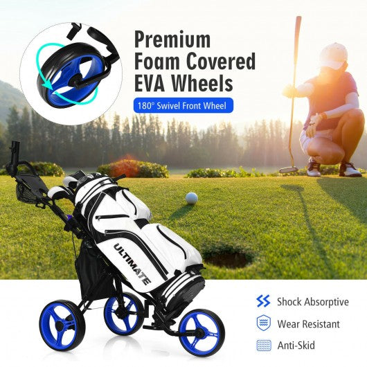 3 Wheels Folding Golf Push Cart with Seat Scoreboard and Adjustable Handle-Blue