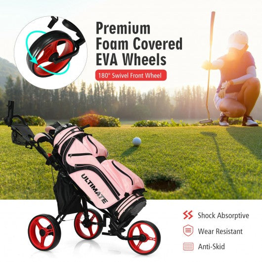 3 Wheels Folding Golf Push Cart with Seat Scoreboard and Adjustable Handle-Red