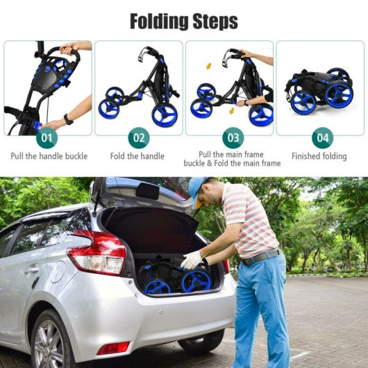 Lightweight Foldable Collapsible 4 Wheels Golf Push Cart-Blue