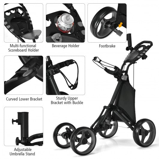 Lightweight Foldable Collapsible 4 Wheels Golf Push Cart-Gray