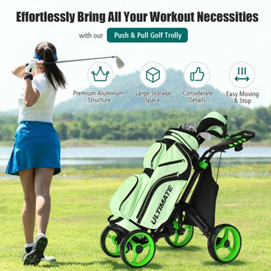 Lightweight Foldable Collapsible 4 Wheels Golf Push Cart-Green