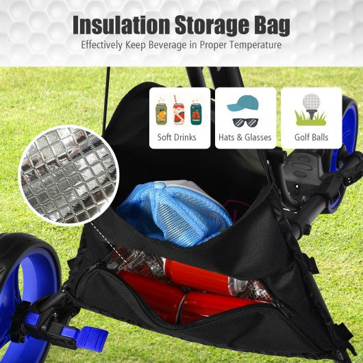 Folding 3 Wheels Golf Push Cart with Bag Scoreboard Adjustable Handle -Blue