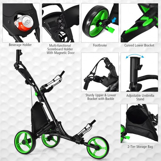 Folding 3 Wheels Golf Push Cart with Bag Scoreboard Adjustable Handle -Green
